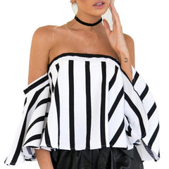 Women Ladies Striped Casual Off the Shoulder Short Sleeve Crop Top Shirt Top Plus Size Long Sleeve Fashion Blouses Blusas