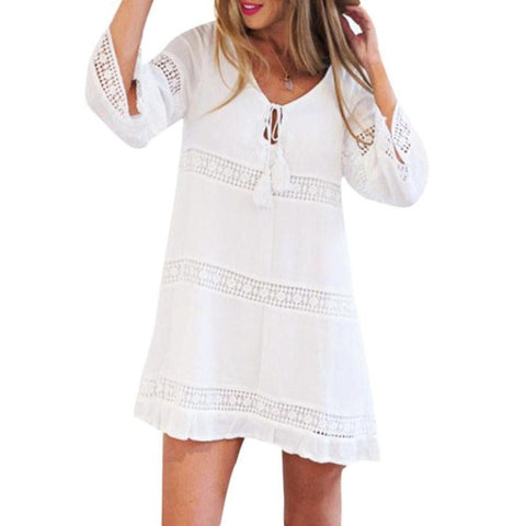 2017 Summer Dress Women Hollow Out Three Quarter Sleeve Loose Lace Short Boho Beach Mini White Dress vestido