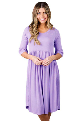 Purple Ruffle Sleeve Midi Jersey Dress