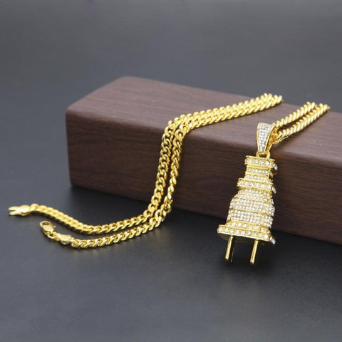 Plug Model Pendant Necklace Fully Lced Out Bling Power Plug Pendant Hip Hop Cuban Necklace Chain #GH45