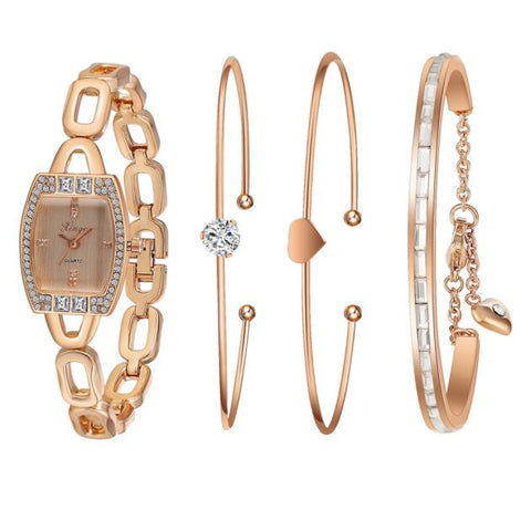 Women Rhinestone Love Bangle Watch And Bracelet Set