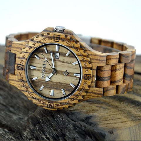 Men's Natural Wooden Wristwatch Wood Watch Quartz with Date + Box