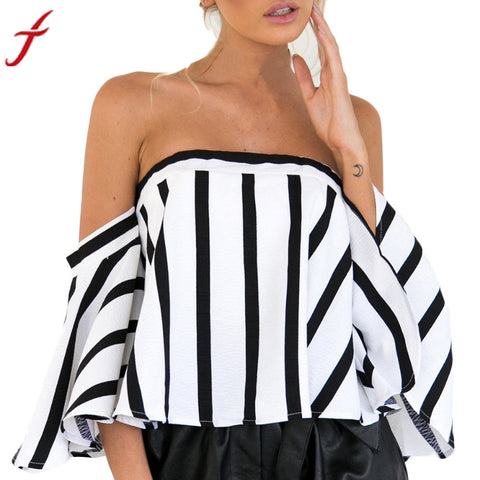 Women Ladies Striped Casual Off the Shoulder Short Sleeve Crop Top Shirt Top Plus Size Long Sleeve Fashion Blouses Blusas