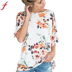 Floral Printing Blouse Womens Short Sleeve Flare Loose O-Neck Tops & Blouses Summer white Shirt Babydoll Top