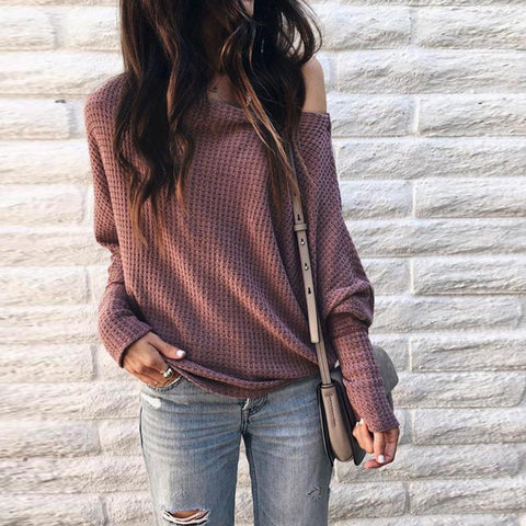 Women Loose Casual off Shoulder Long Sleeve Knit Sweater Blouse Tops T-Shirt