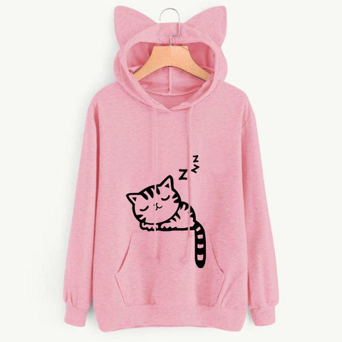 Womens Cat Long Sleeve Hoodie Sweatshirt Hooded Pullover Tops Blouse