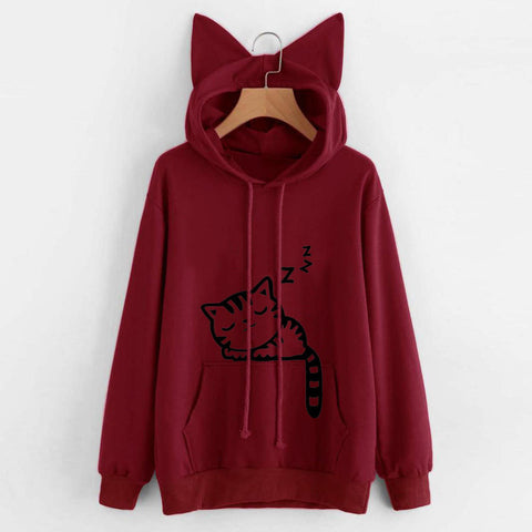 Womens Cat Long Sleeve Hoodie Sweatshirt Hooded Pullover Tops Blouse