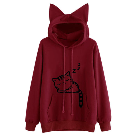 Womens Cat Long Sleeve Hoodie Sweatshirt Hooded Pullover Tops Blouse