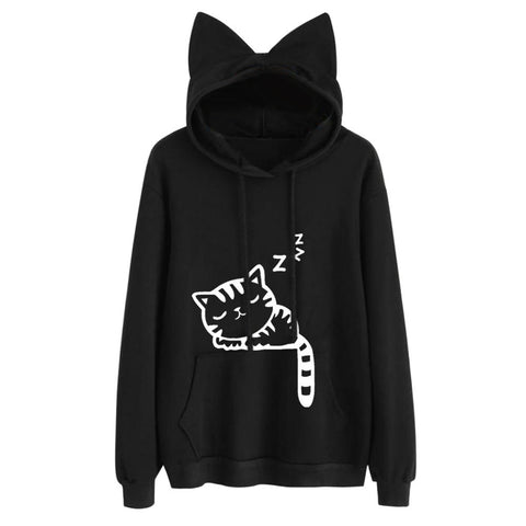 Womens Cat Long Sleeve Hoodie Sweatshirt Hooded Pullover Tops Blouse