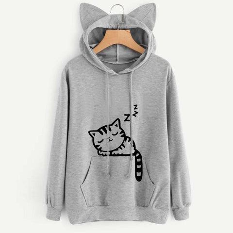 Womens Cat Long Sleeve Hoodie Sweatshirt Hooded Pullover Tops Blouse