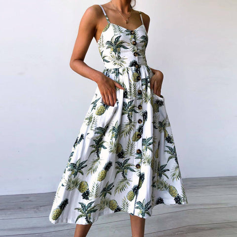 Women Sexy Printing Buttons Off Shoulder Sleeveless Dress Princess Dress