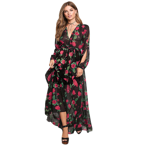 Sexy Women Maxi Dress Sheer Chiffon Floral Cross V-Neck Cut Out Sleeve Elastic Waist Boho Long Dress Black