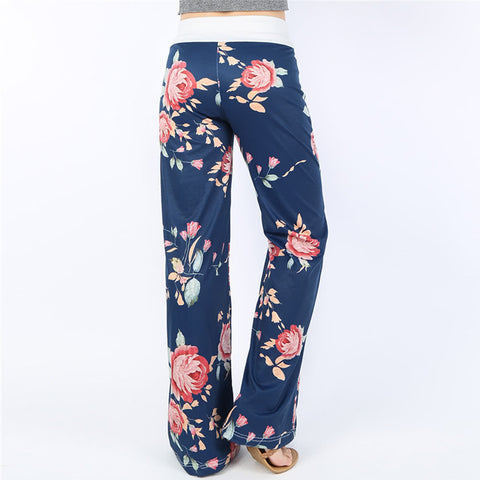 Women Casual Loose Boho Pants Floral Star Striped Print American Flag High Elastic Waist Long Trousers Wide Leg Pants